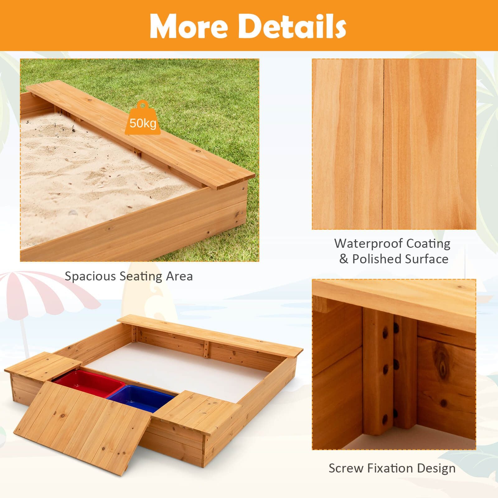 Covered Wooden Kids Sandbox with 2 Storage Boxes and Bottomless Design
