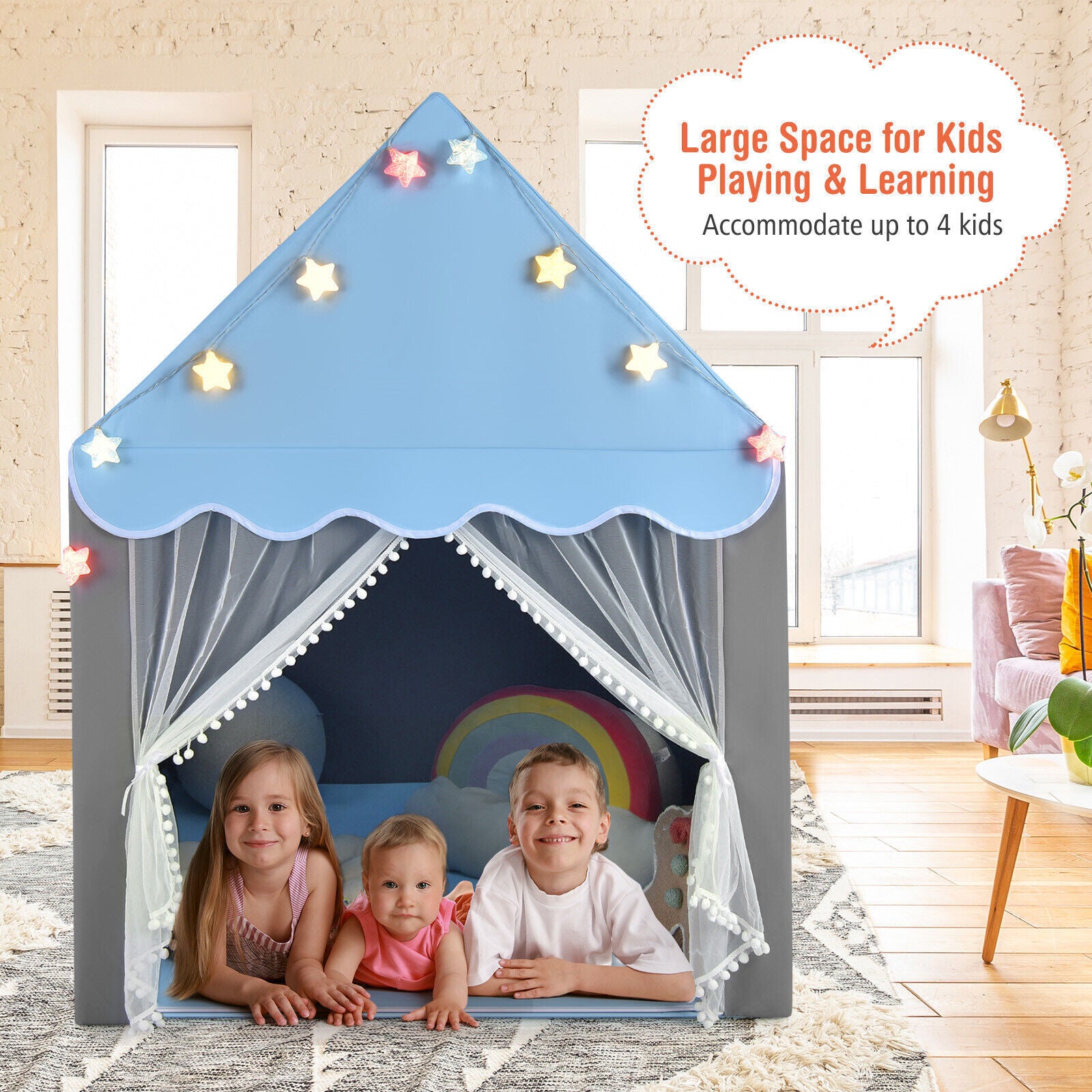 Large Kids Play House Children Indoor Outdoor Castle Fairy Tent with Light & Mat