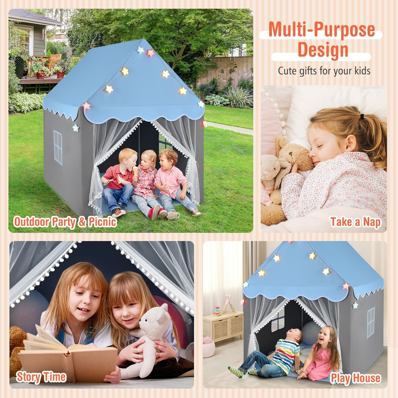 Large Kids Play House Children Indoor Outdoor Castle Fairy Tent with Light & Mat