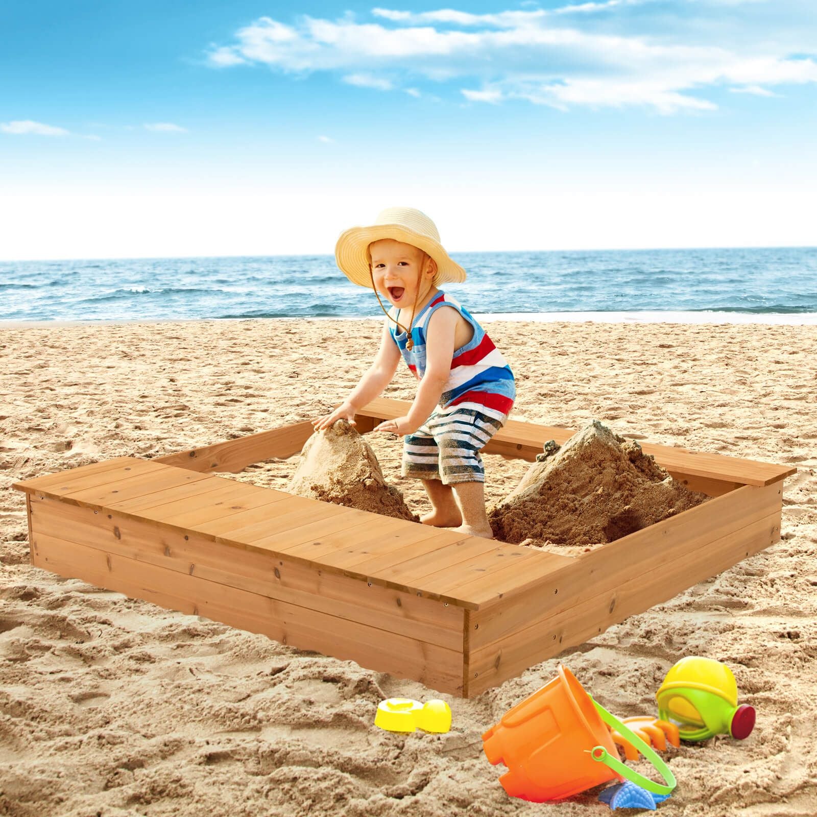Covered Wooden Kids Sandbox with 2 Storage Boxes and Bottomless Design