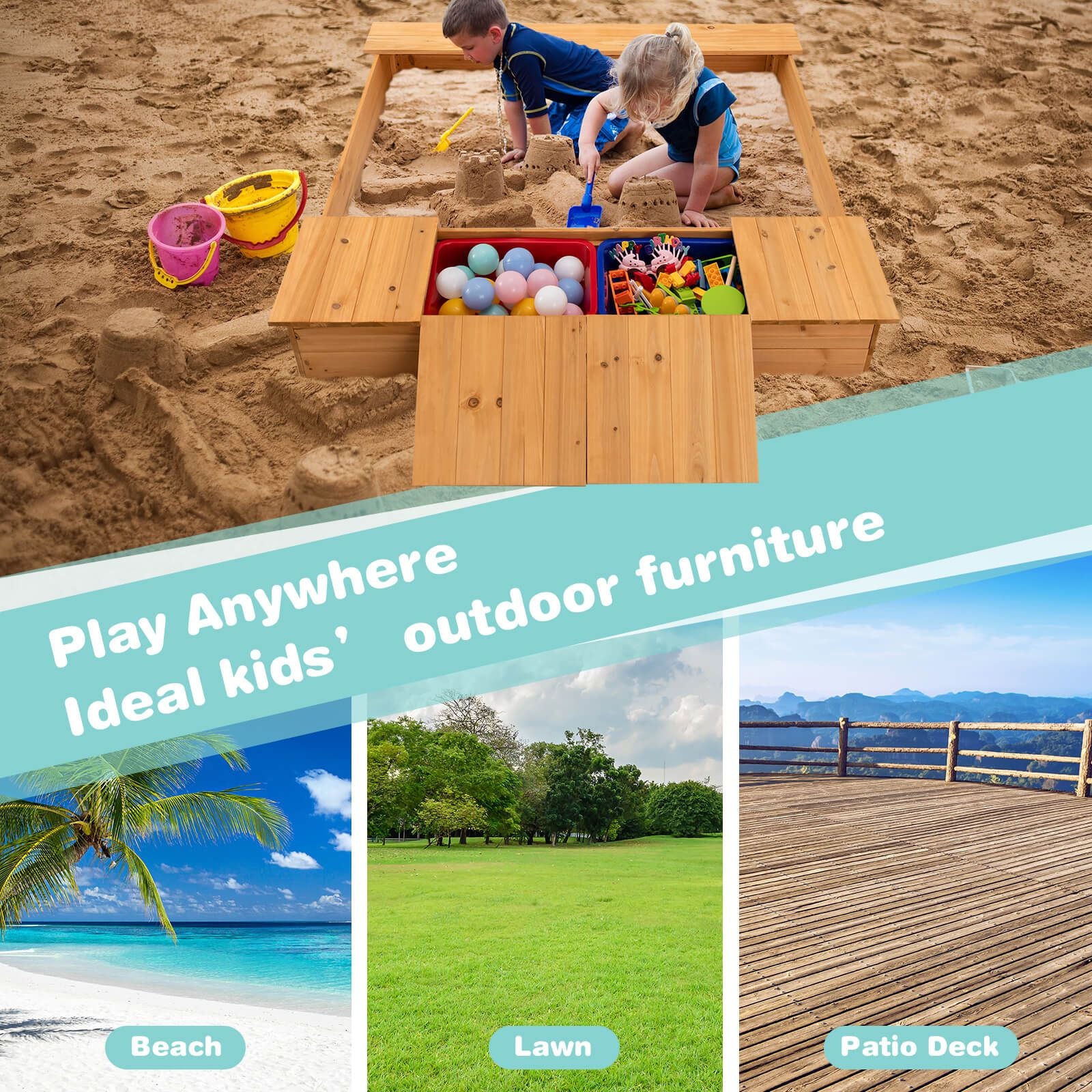 Covered Wooden Kids Sandbox with 2 Storage Boxes and Bottomless Design