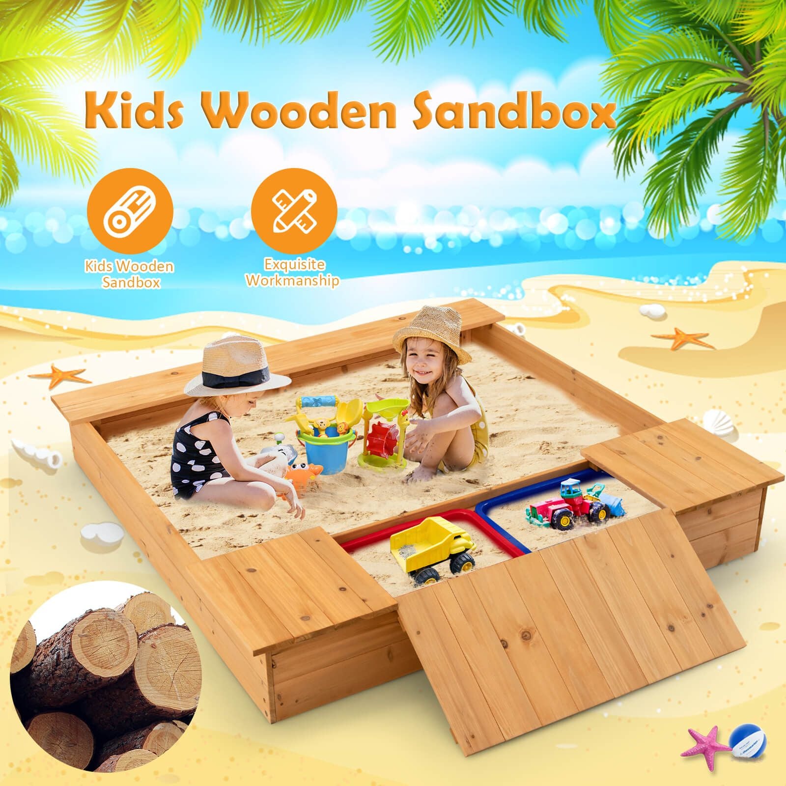 Covered Wooden Kids Sandbox with 2 Storage Boxes and Bottomless Design