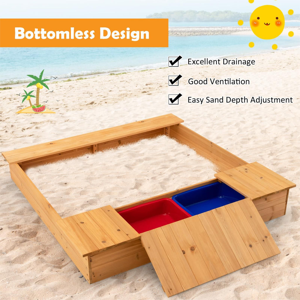 Covered Wooden Kids Sandbox with 2 Storage Boxes and Bottomless Design
